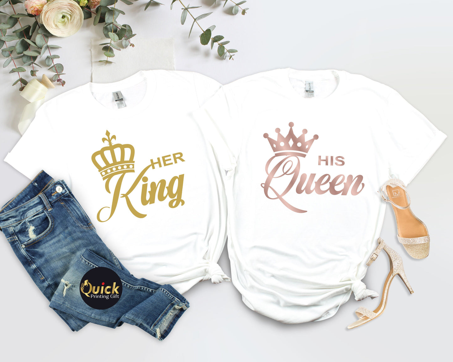 King Queen Matching Couple T-Shirts: Honeymoon Gift