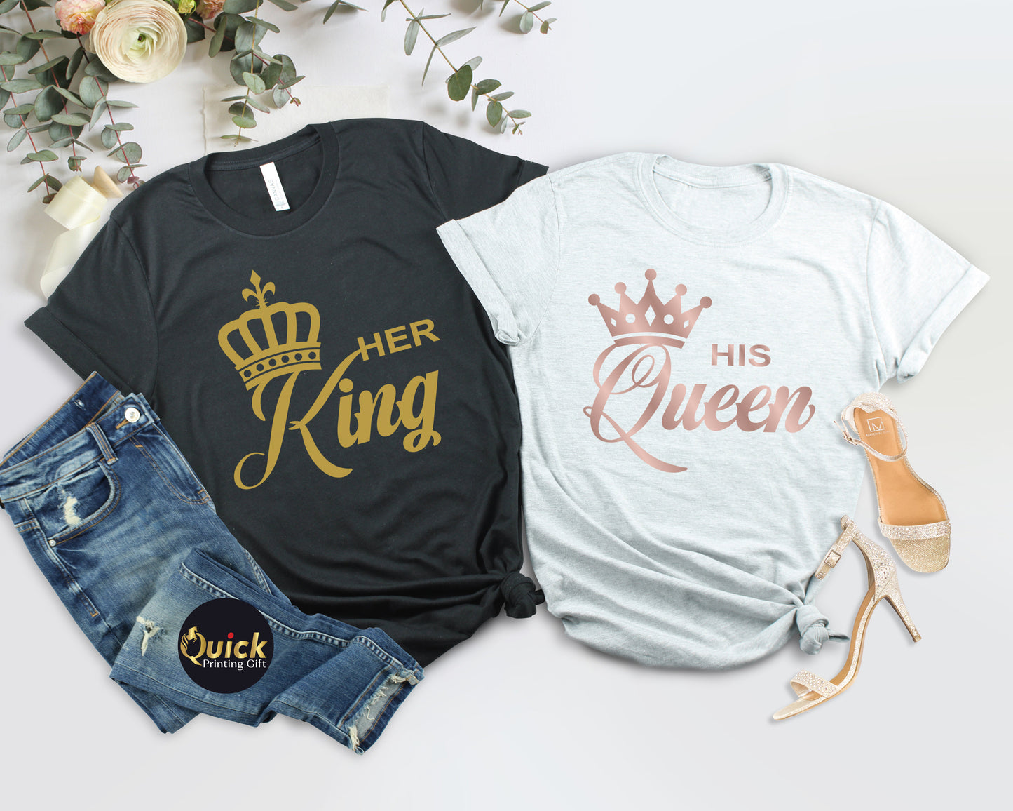 King Queen Matching Couple T-Shirts: Honeymoon Gift