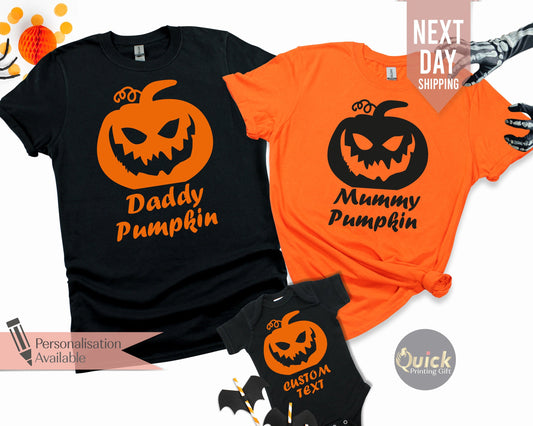 Matching Family Halloween Pumpkin T-Shirts: Mummy, Daddy, Baby
