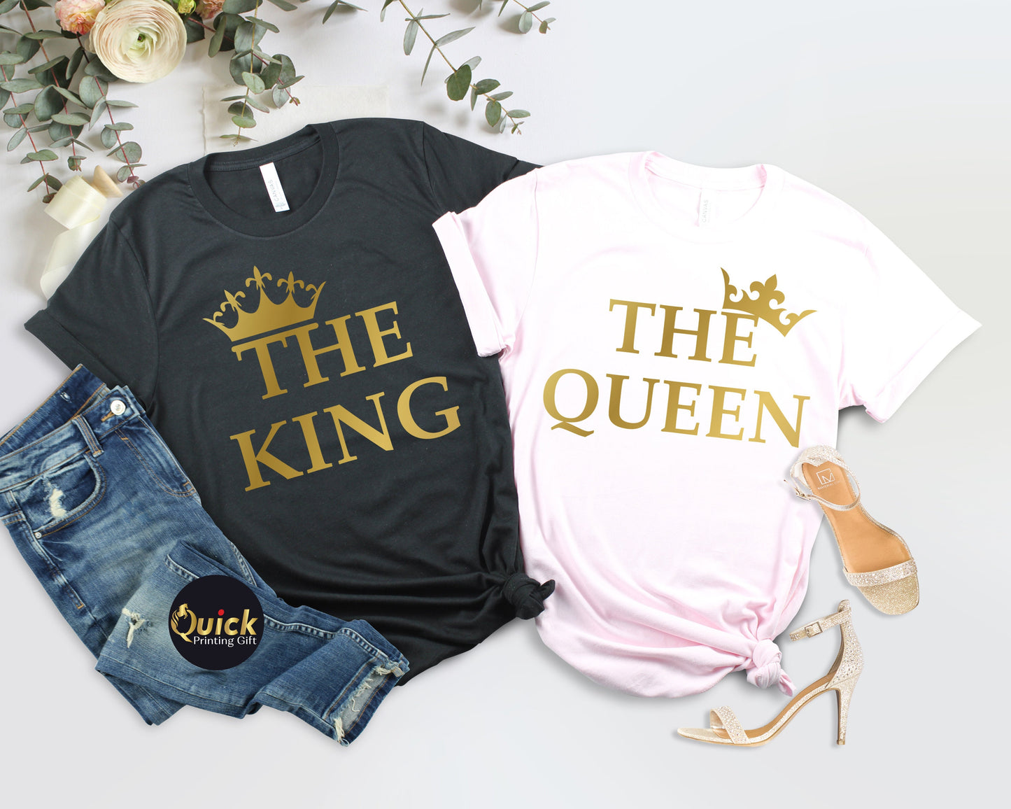 King and Queen Matching T-Shirt Set: Gold Print Couple Outfits