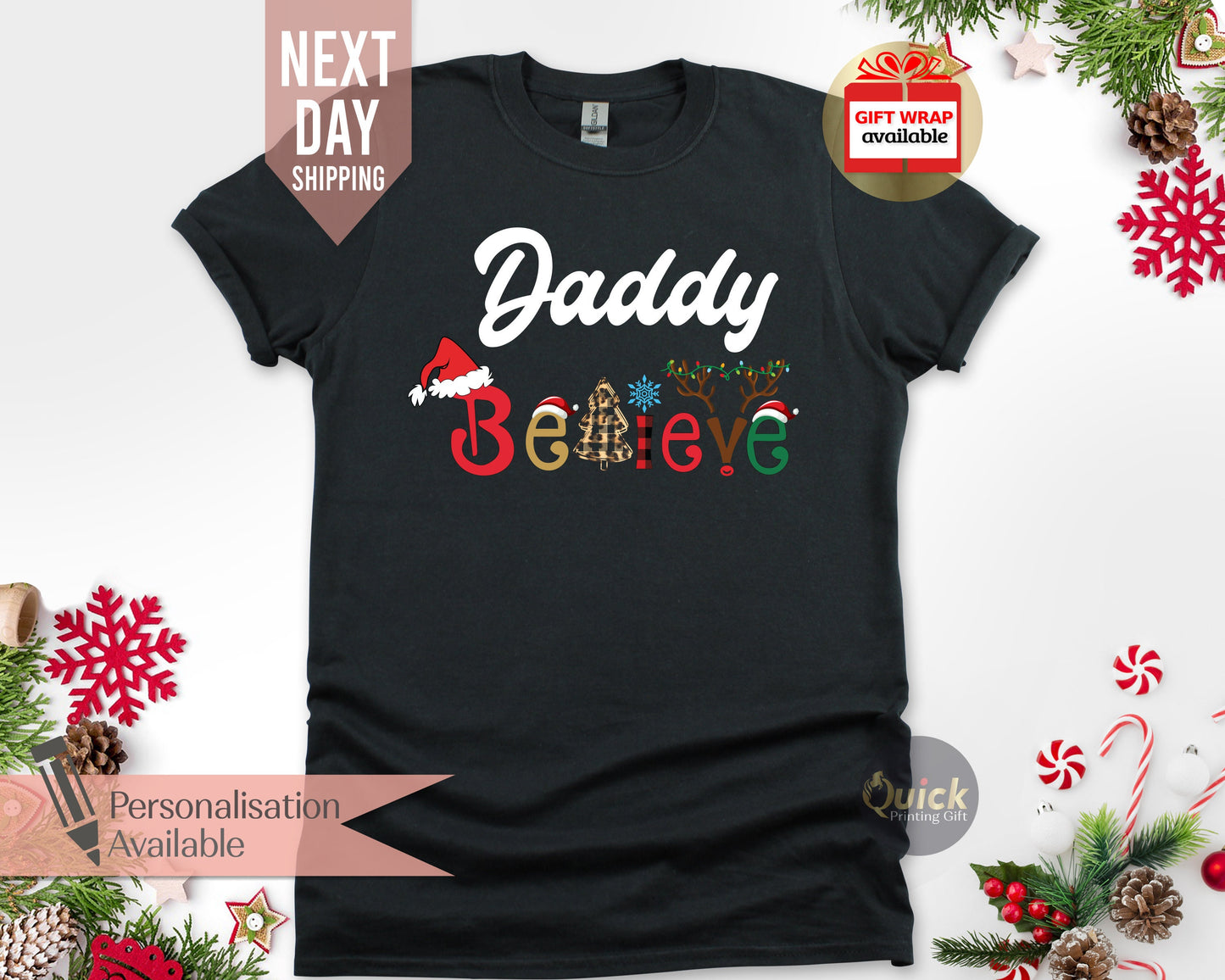 Personalised Family Matching Believe Christmas Shirts, Christmas Family Outfits, Christmas Party Shirt, Christmas Gifts for Dad Mum
