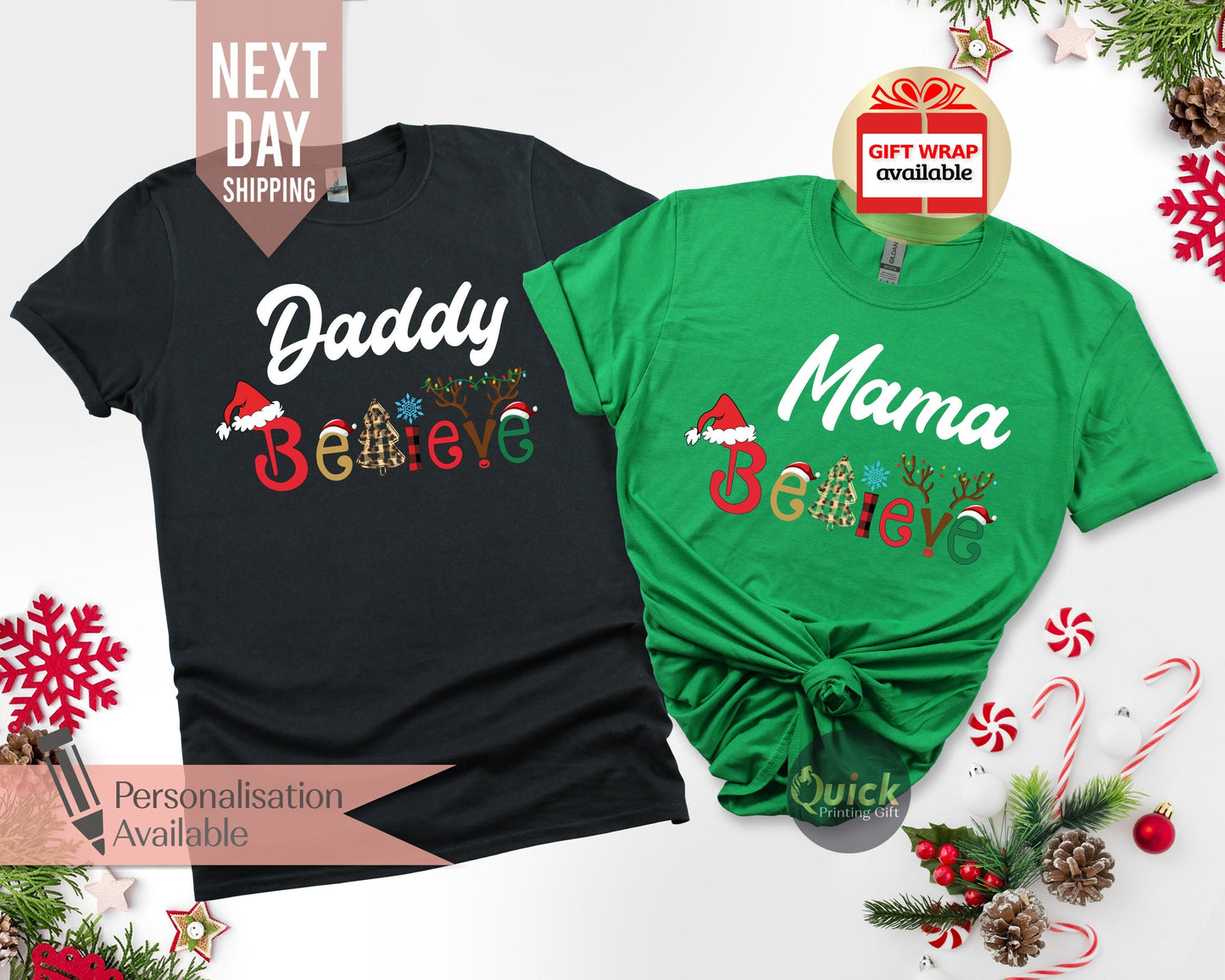 Personalised Family Matching Believe Christmas Shirts, Christmas Family Outfits, Christmas Party Shirt, Christmas Gifts for Dad Mum