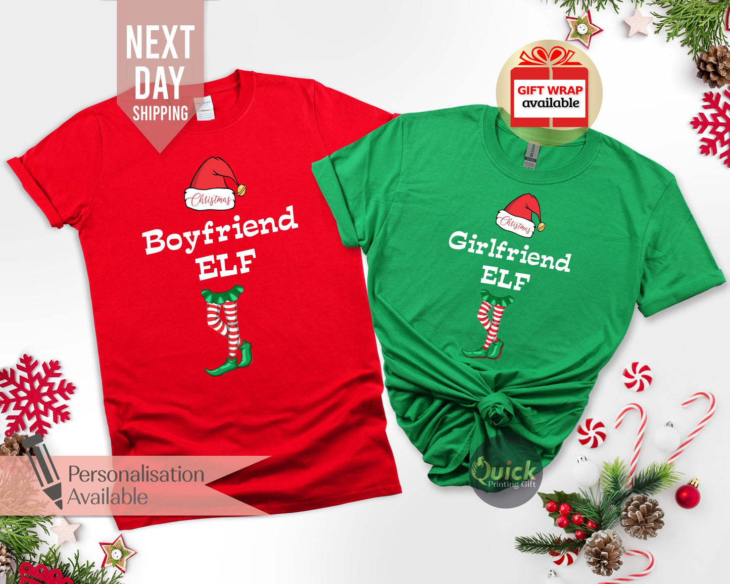 Boyfriend Girlfriend Elf Christmas Shirt, Elf Costume, Matching Couple Christmas Shirt, Christmas tshirt Women Men Kids, Xmas Gift for her