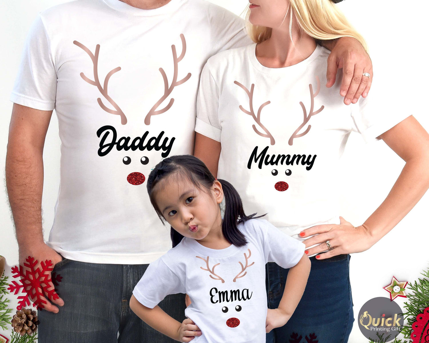 Personalised Name Christmas Reindeer Family Matching T-shirt Shirts, Reindeer Christmas TShirts Family Matching Set Kids Mens Women Children