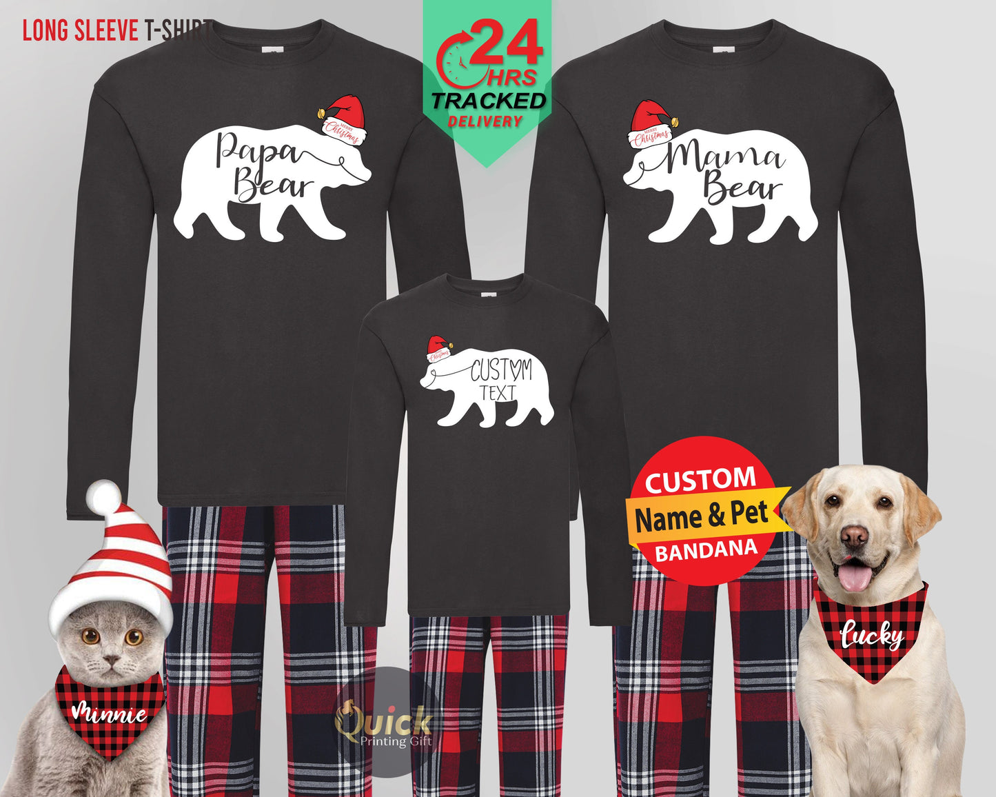 Personalised Matching Family Christmas Pyjamas, Christmas Long Sleeve Bear Family Tshirt, Dad and Son Matching Tshirt, Dad Mum Xmas Gifts