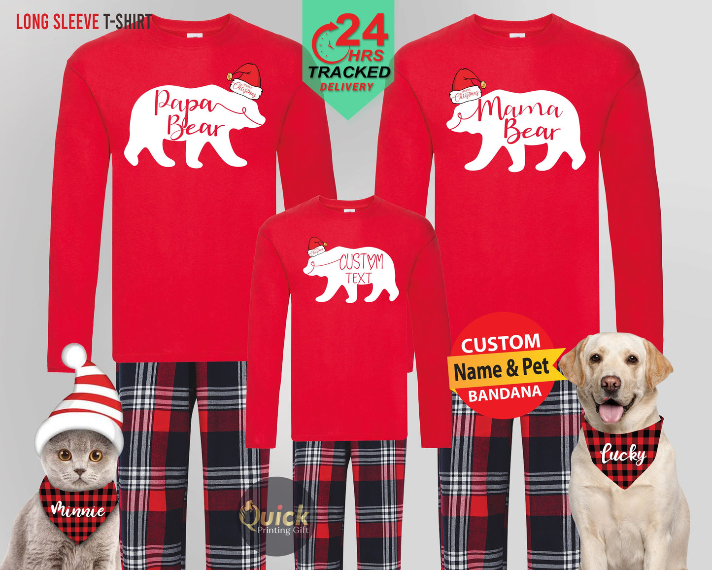 Personalised Matching Family Christmas Pyjamas, Christmas Long Sleeve Bear Family Tshirt, Dad and Son Matching Tshirt, Dad Mum Xmas Gifts