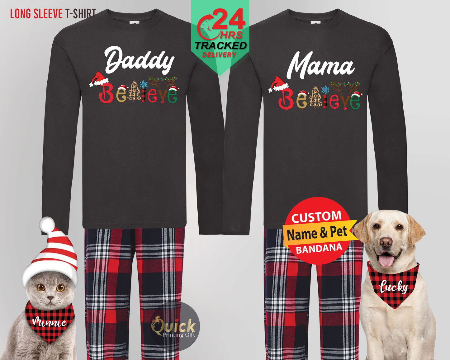 Christmas Daddy Mummy Believe Long Sleeve Tshirt, Personalised Christmas Family Shirt, Holiday Pyjama Set, Dad Mum Matching Christmas Outfit