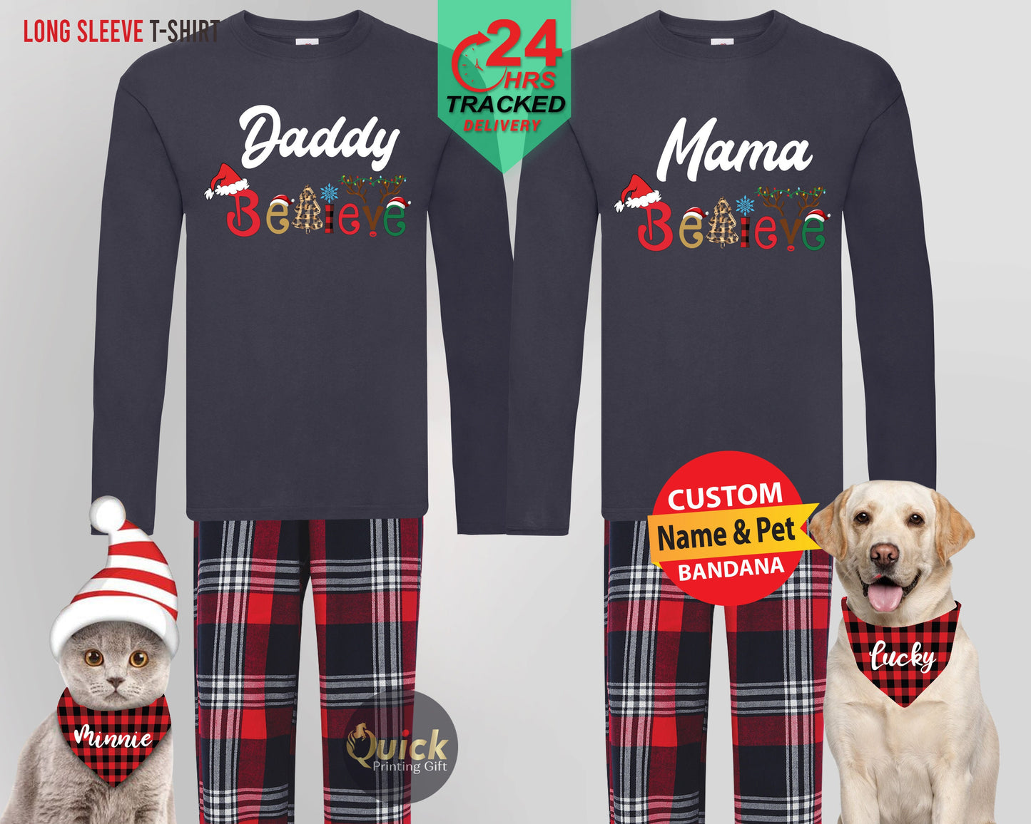 Christmas Daddy Mummy Believe Long Sleeve Tshirt, Personalised Christmas Family Shirt, Holiday Pyjama Set, Dad Mum Matching Christmas Outfit