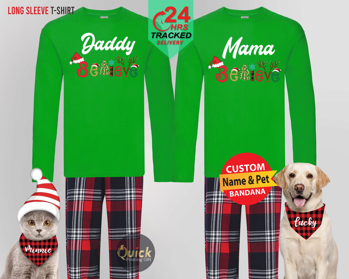 Christmas Daddy Mummy Believe Long Sleeve Tshirt, Personalised Christmas Family Shirt, Holiday Pyjama Set, Dad Mum Matching Christmas Outfit