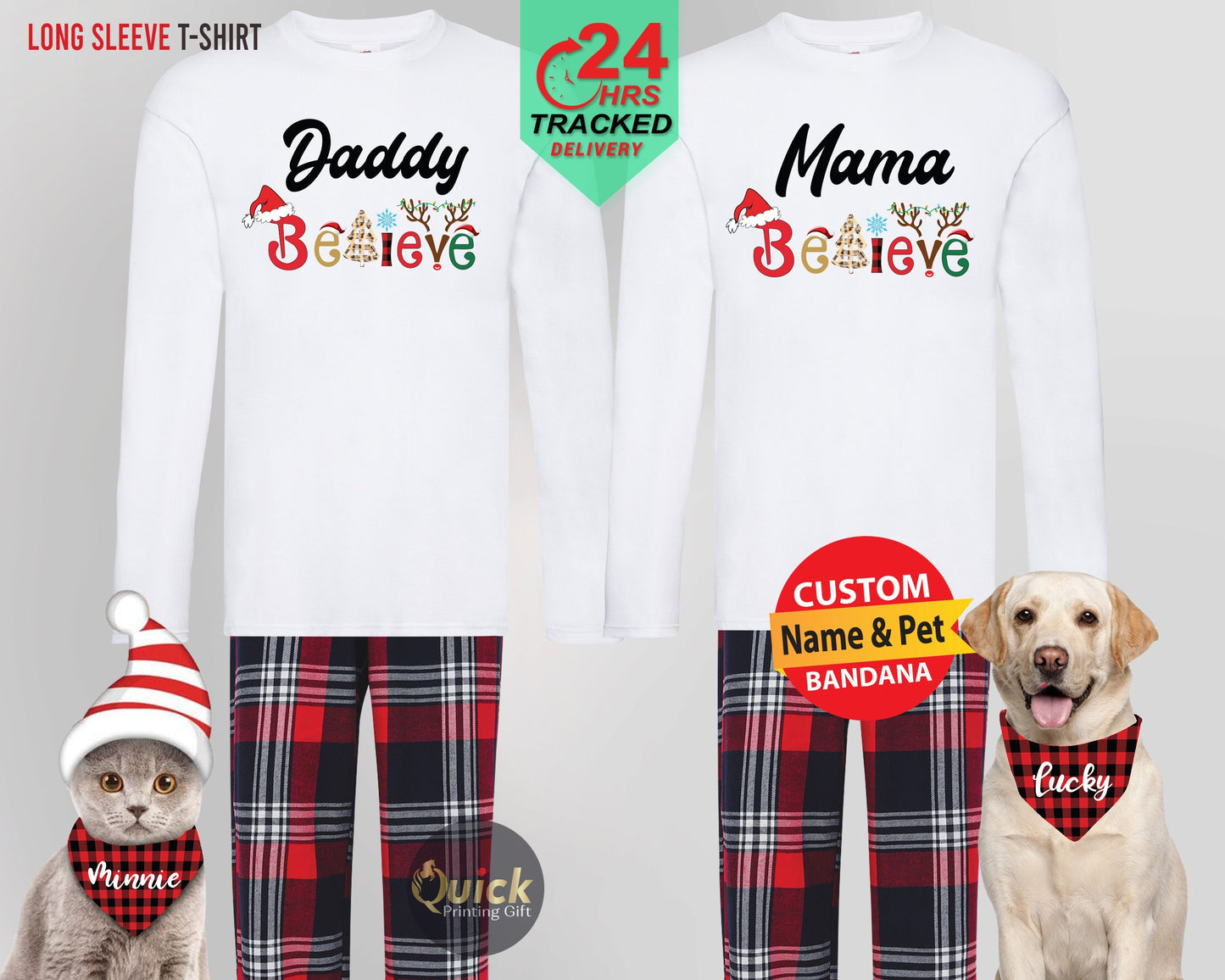 Christmas Daddy Mummy Believe Long Sleeve Tshirt, Personalised Christmas Family Shirt, Holiday Pyjama Set, Dad Mum Matching Christmas Outfit