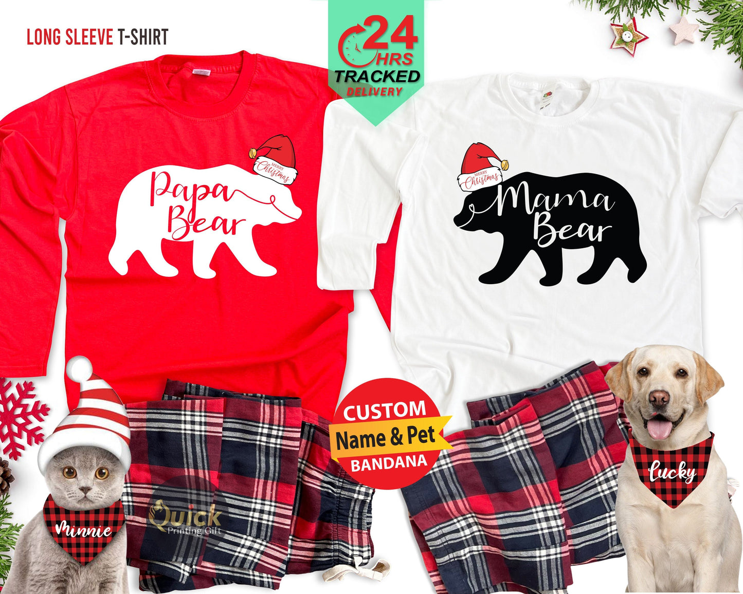 Personalised Matching Family Christmas Pyjamas, Christmas Long Sleeve Bear Family Tshirt, Dad and Son Matching Tshirt, Dad Mum Xmas Gifts