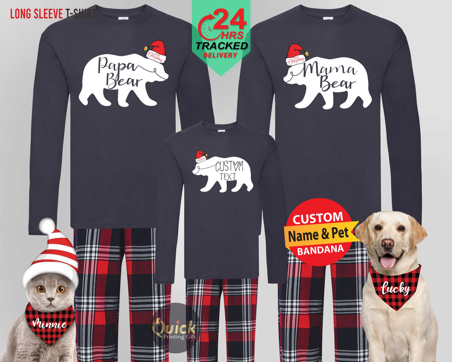 Personalised Matching Family Christmas Pyjamas, Christmas Long Sleeve Bear Family Tshirt, Dad and Son Matching Tshirt, Dad Mum Xmas Gifts