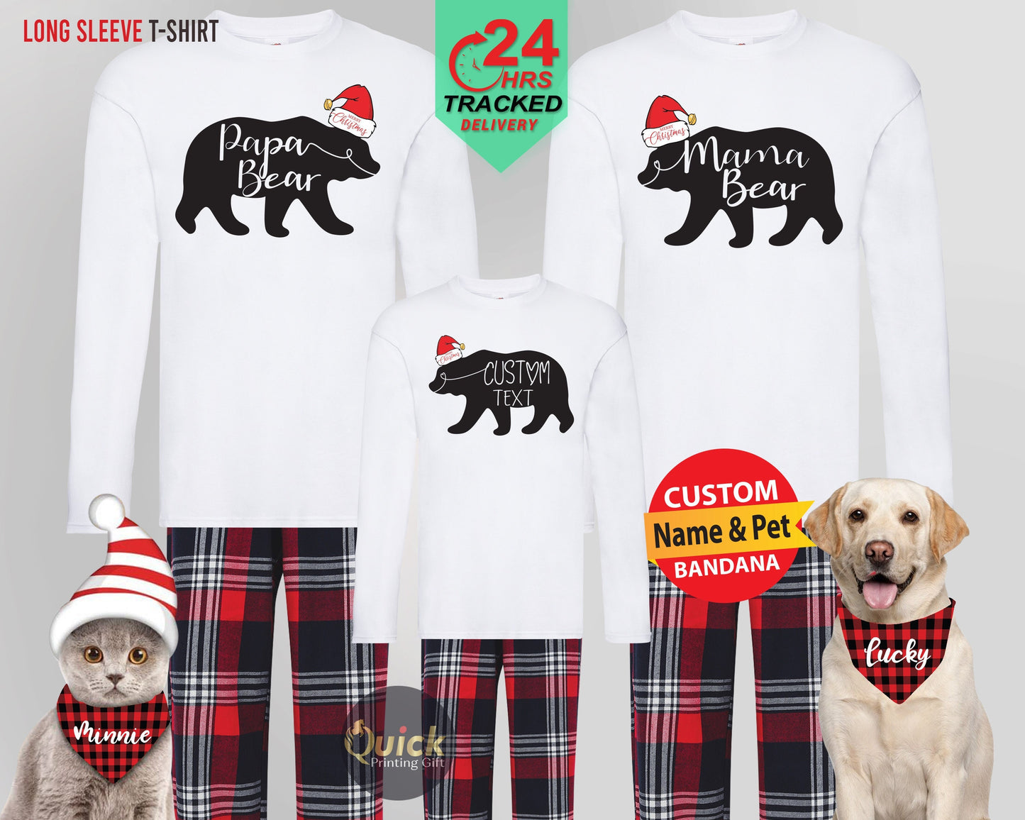 Personalised Matching Family Christmas Pyjamas, Christmas Long Sleeve Bear Family Tshirt, Dad and Son Matching Tshirt, Dad Mum Xmas Gifts