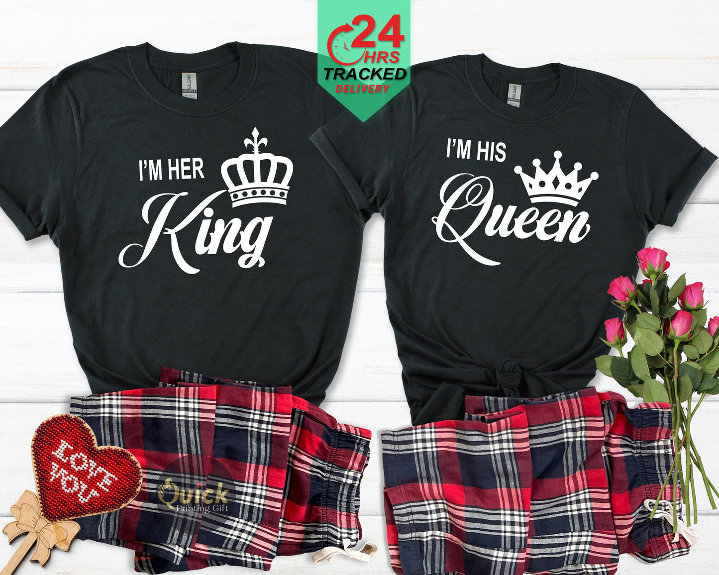 Matching His and Hers King Queen Tartan Pyjamas, White Tops Couple Valentines Gifts, Boyfriend girlfriend Couple matching Christmas pajamas