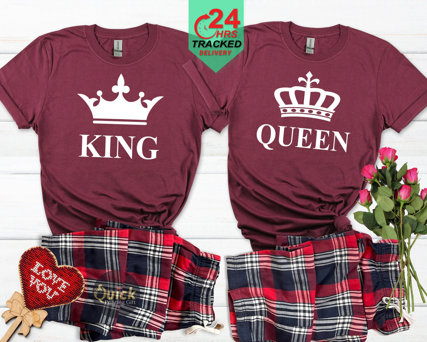 Matching His and Hers King Queen Tartan Pyjamas for him and her Valentines Gift Boyfriend girlfriend Couple matching Christmas Newly wed pjs