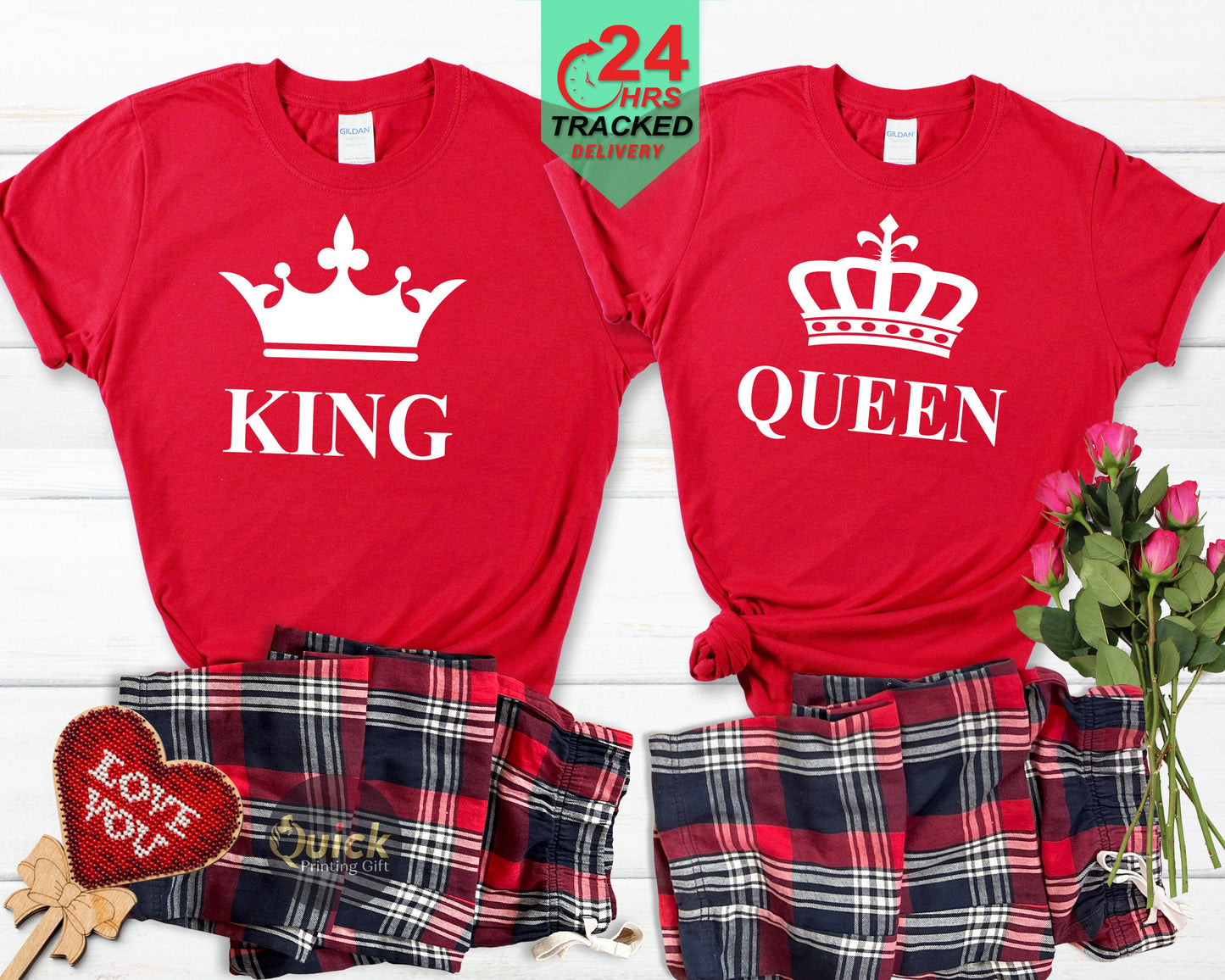 Matching His and Hers King Queen Tartan Pyjamas for him and her Valentines Gift Boyfriend girlfriend Couple matching Christmas Newly wed pjs
