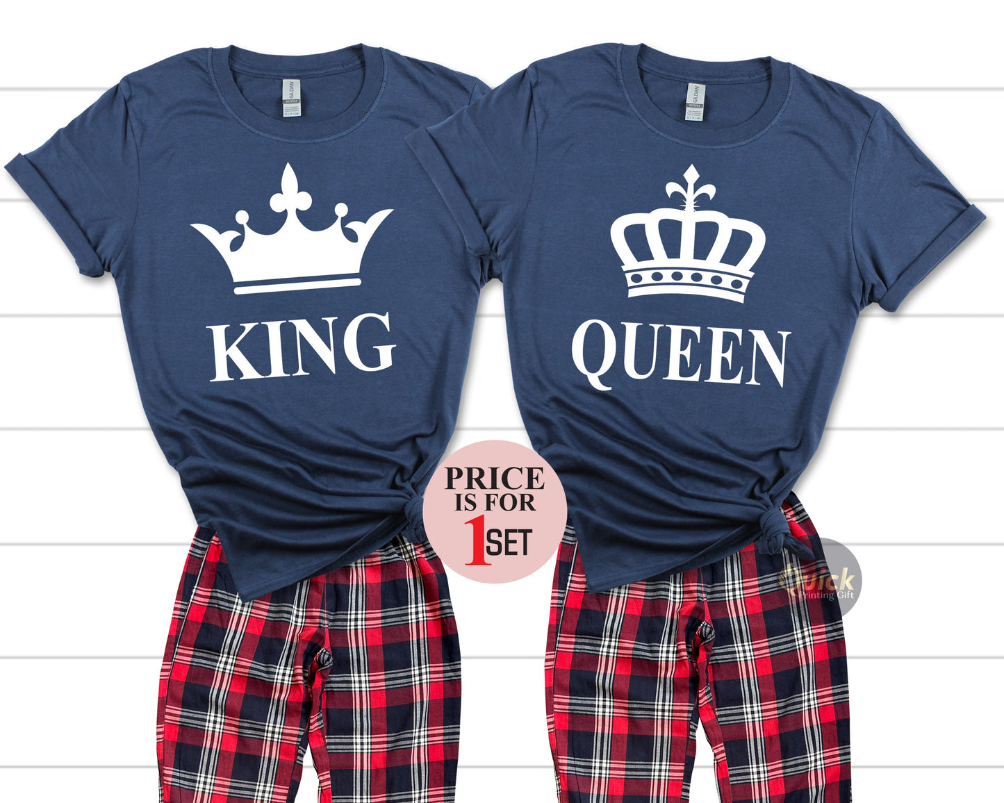 King and Queen Pajamas Set: Matching Couple's T-Shirt & Flannel Bottoms