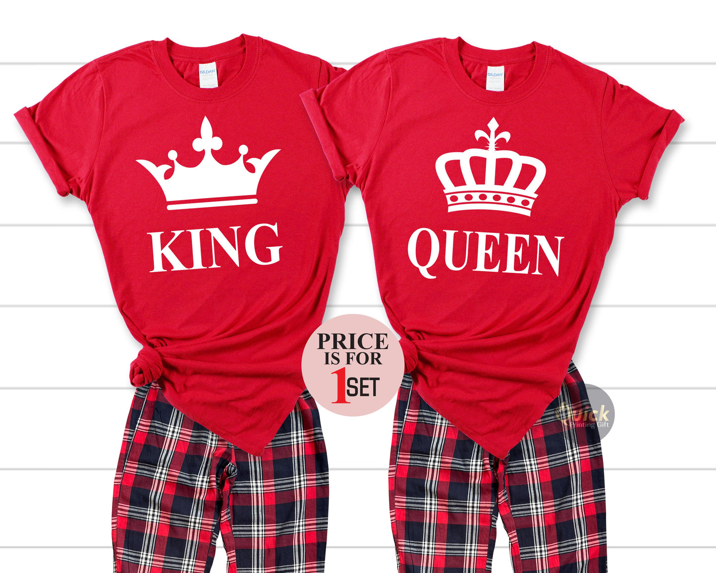 King and Queen Pajamas Set: Matching Couple's T-Shirt & Flannel Bottoms