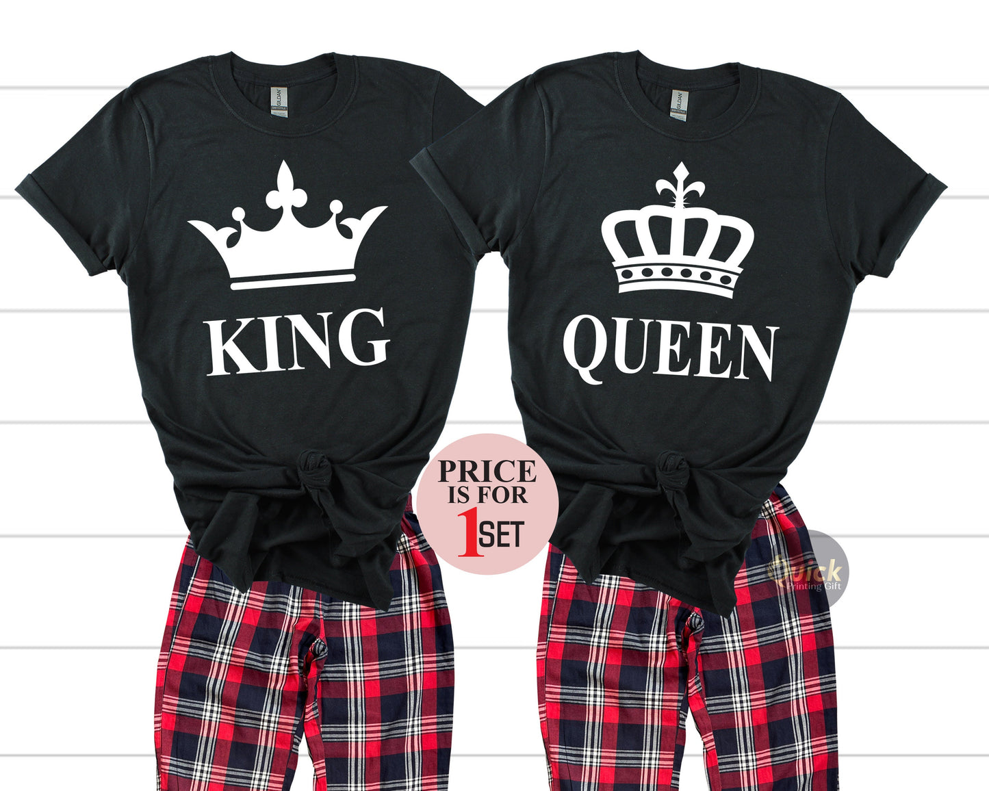 King and Queen Pajamas Set: Matching Couple's T-Shirt & Flannel Bottoms