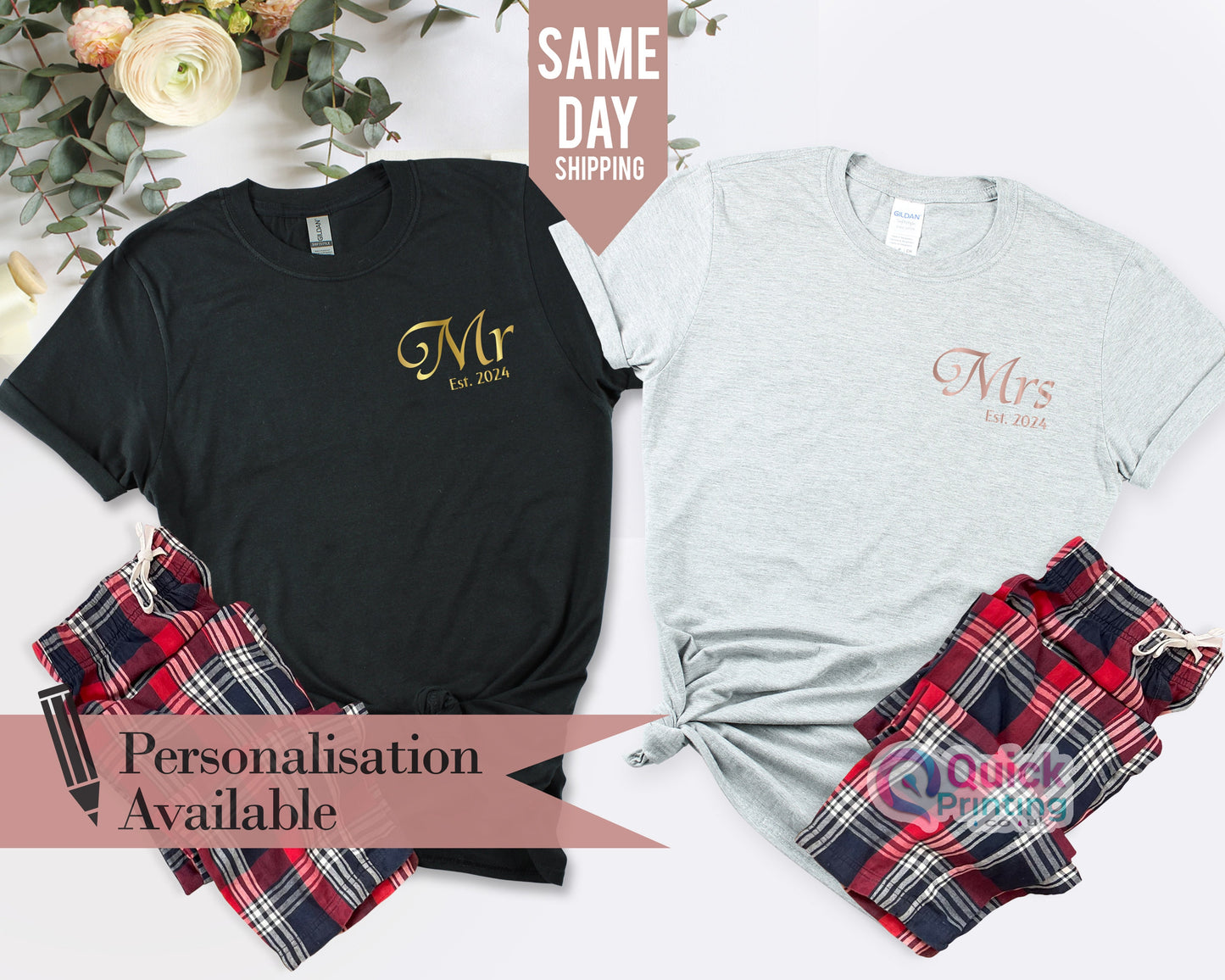 Mr and Mrs Pajama Set: Matching Couple Gift, Flannel Pants