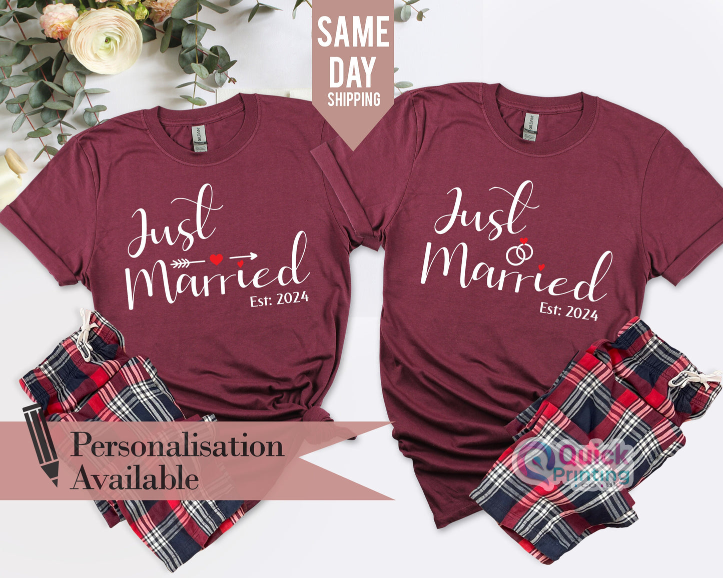 Just Married Personalised T-shirts, Couples, Set, Wedding, Honeymoon, Matching