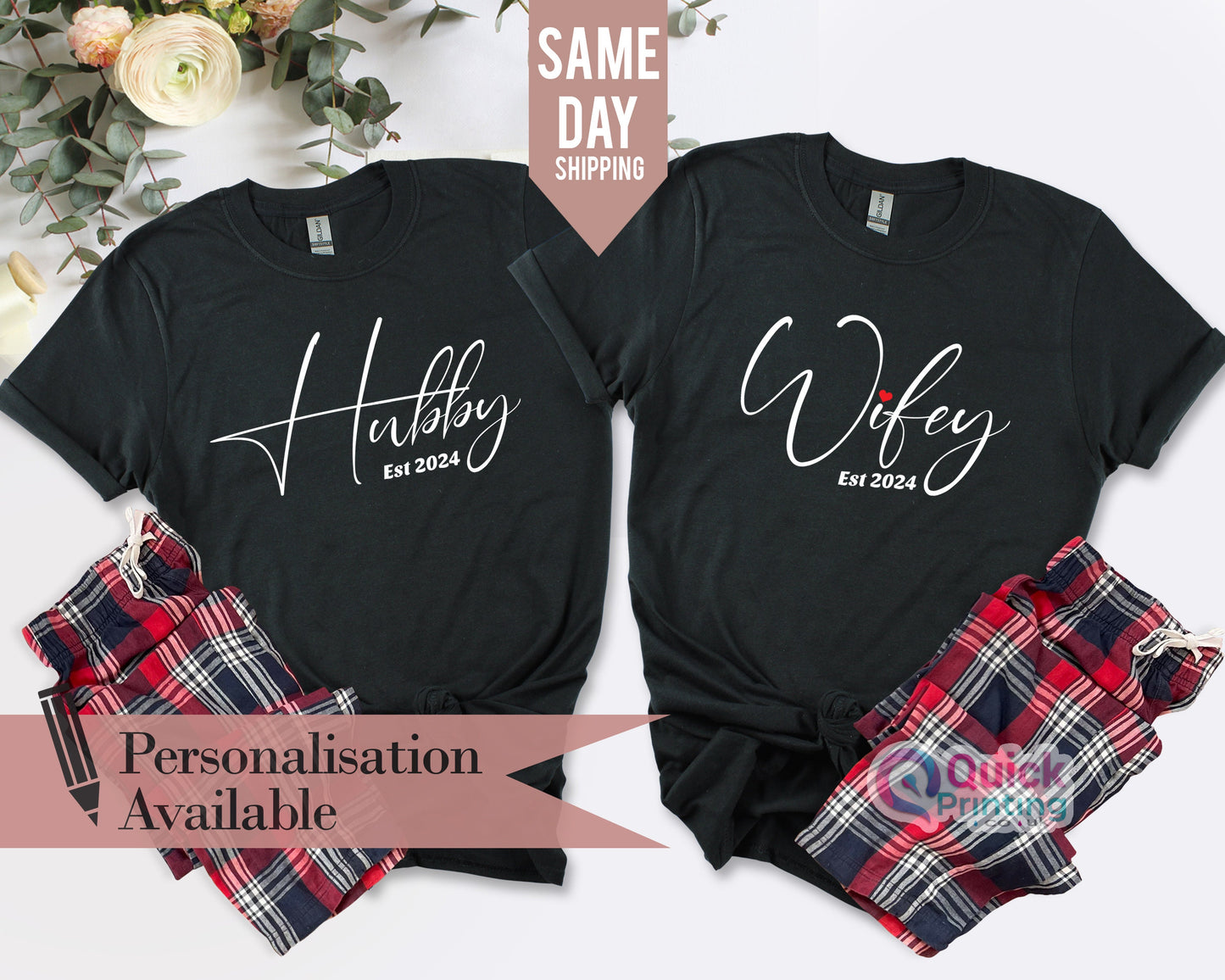 WIFEY est 2024, HUBBY est 2024 T Shirt , Engagement Gift, Wedding Gift, Engagement Announcement, Wife Tee, Personalised wedding hen do gift