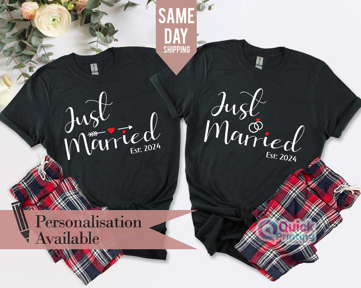 Just Married Personalised T-shirts, Couples, Set, Wedding, Honeymoon, Matching