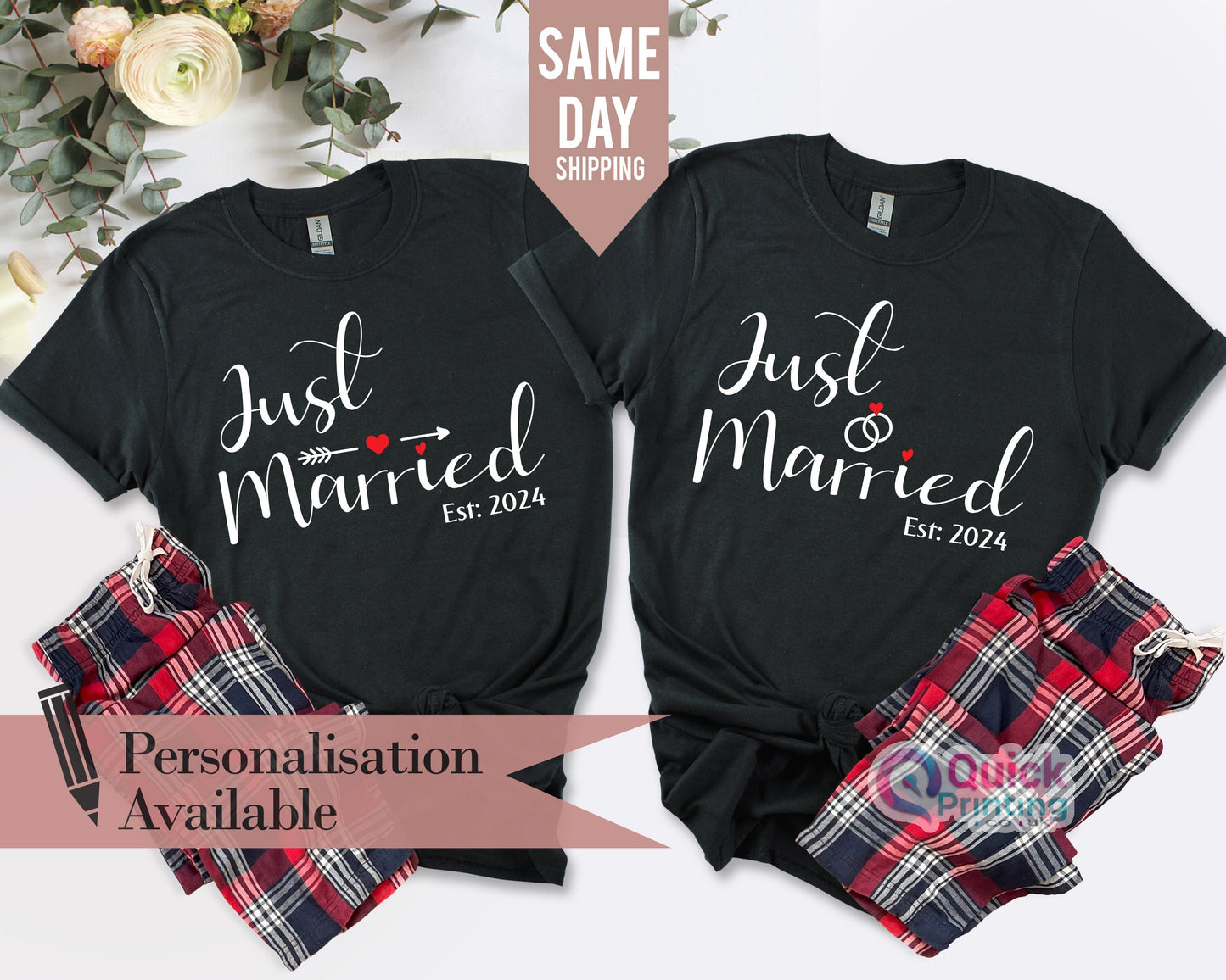 Just Married Personalised T-shirts, Couples, Set, Wedding, Honeymoon, Matching