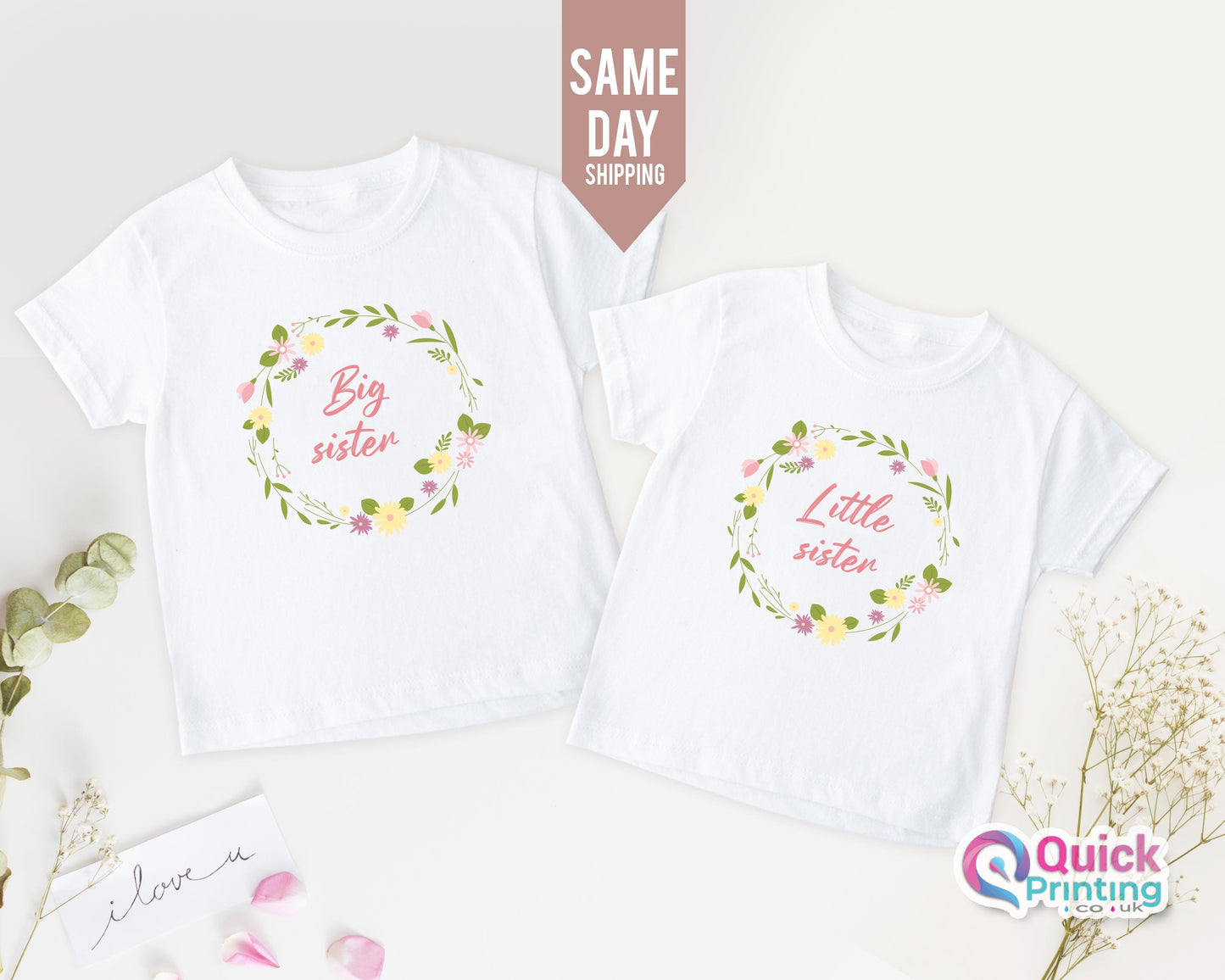 Custom Big Sister Little Sister Wreath T-Shirts