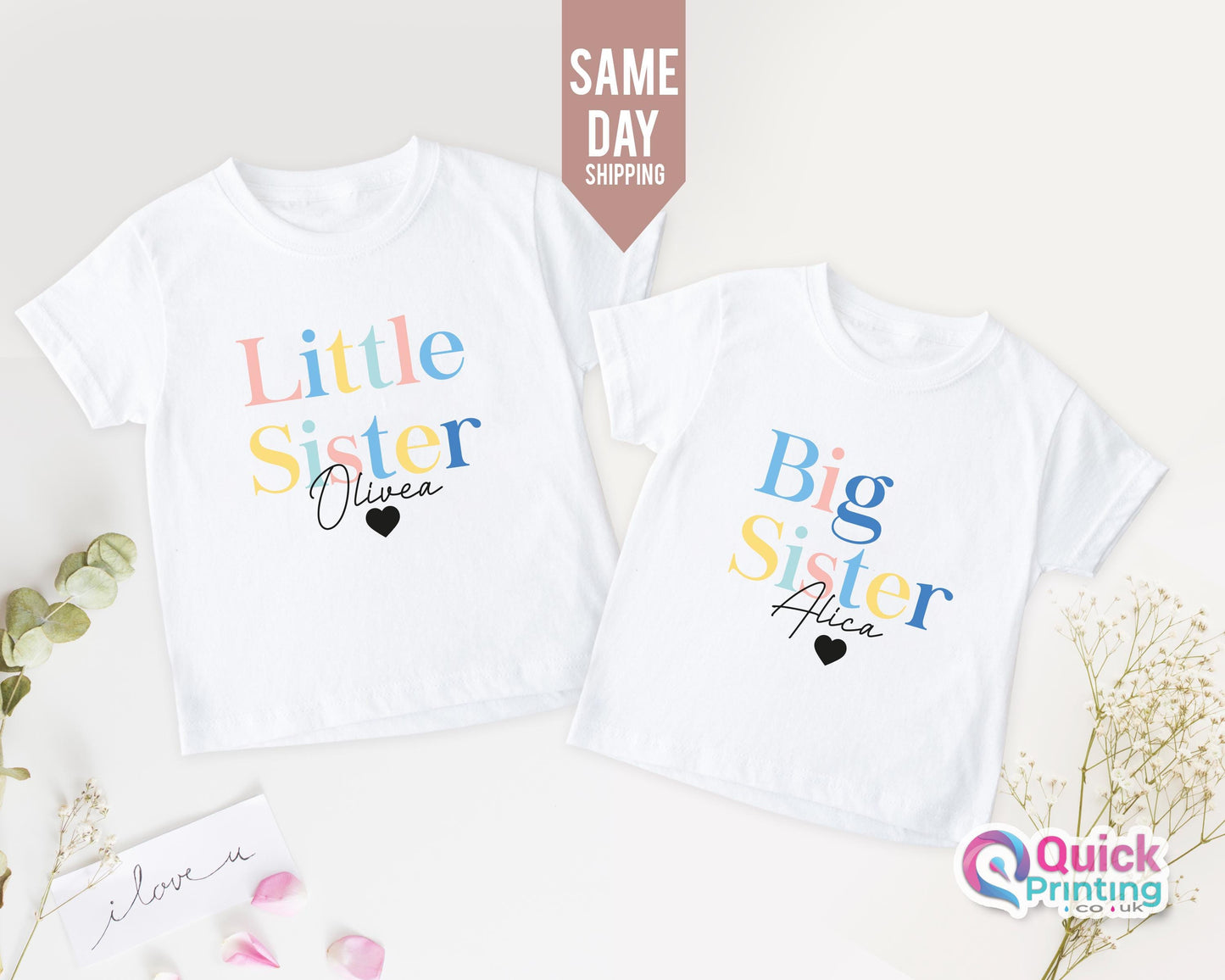 Custom Text Tshirt, Big and Little Sister Wreath T-Shirts and Bodysuits, Big Sister Tee, Baby Grow New Brother New Sister Gift,Sibling Shirt