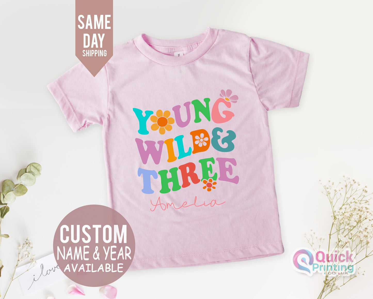 Young Wild & Three Kids Birthday Shirt, Custom Name Tshirt, 3rd Birthday Toddler Shirt, Personalised Birthday T-shirts,Third birthday tshirt