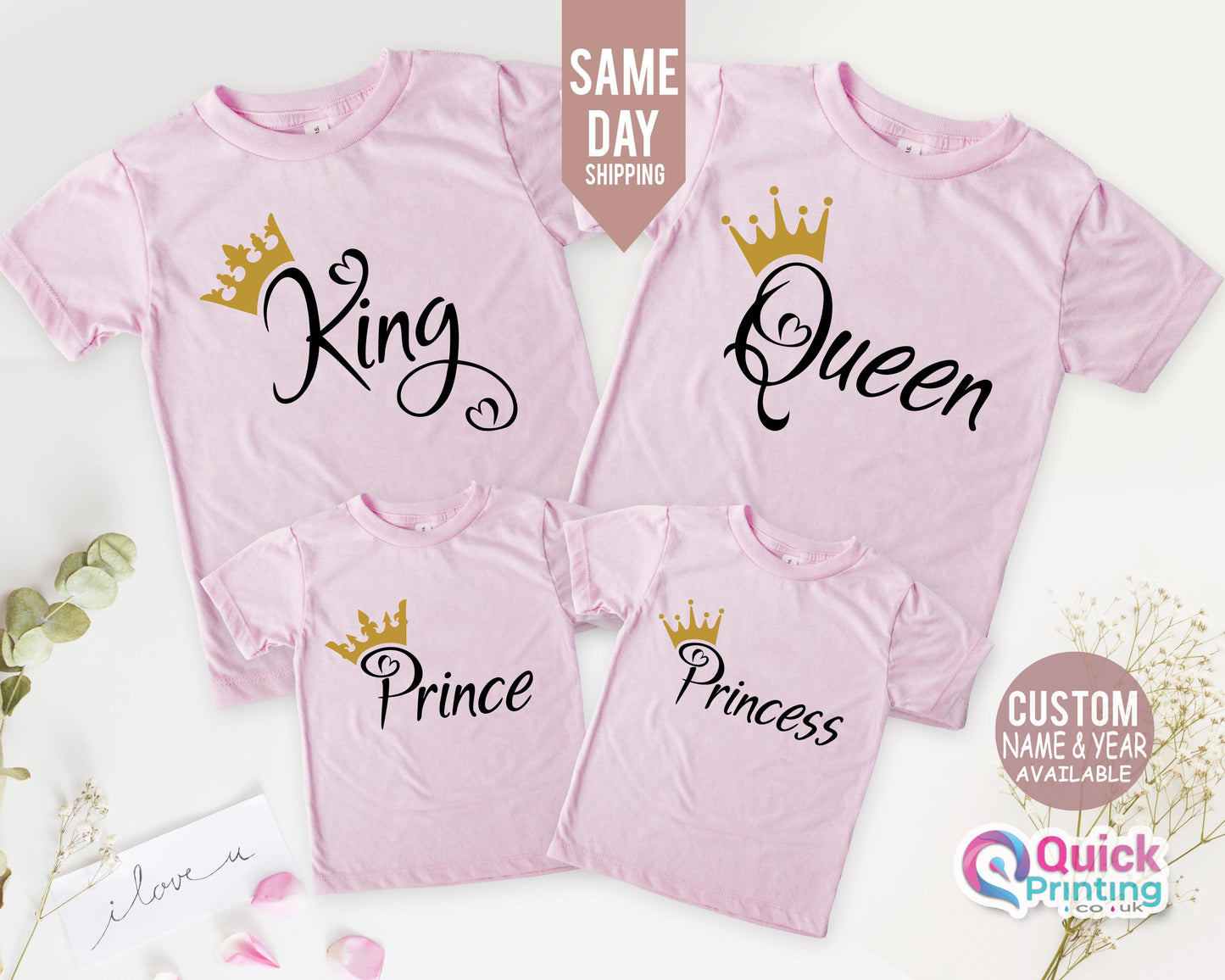 King Queen Matching Couple Shirts, ROYAL family king queen prince princess babygrow and adult t-shirts, gift for family newborn, Anniversary