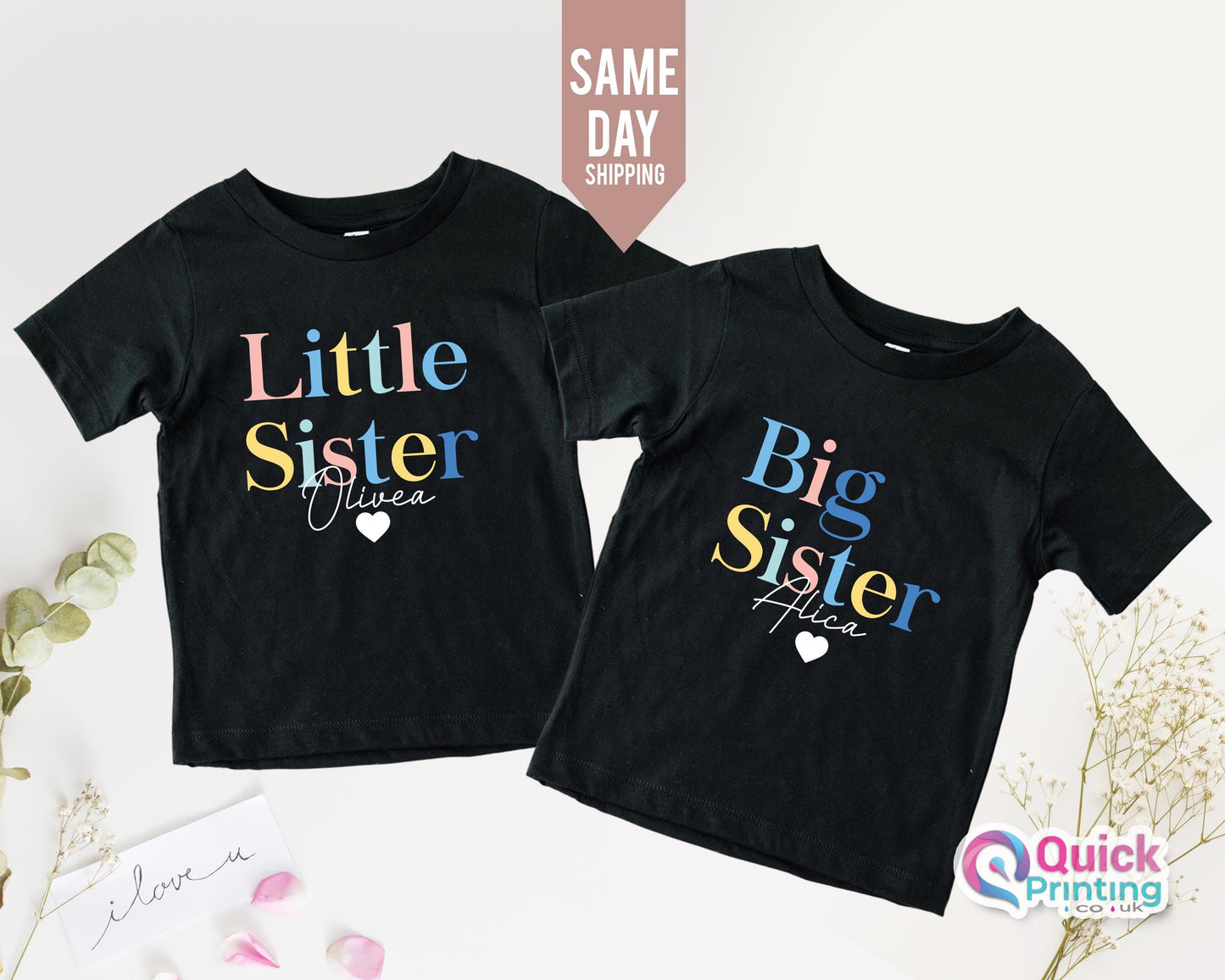 Custom Text Tshirt, Big and Little Sister Wreath T-Shirts and Bodysuits, Big Sister Tee, Baby Grow New Brother New Sister Gift,Sibling Shirt