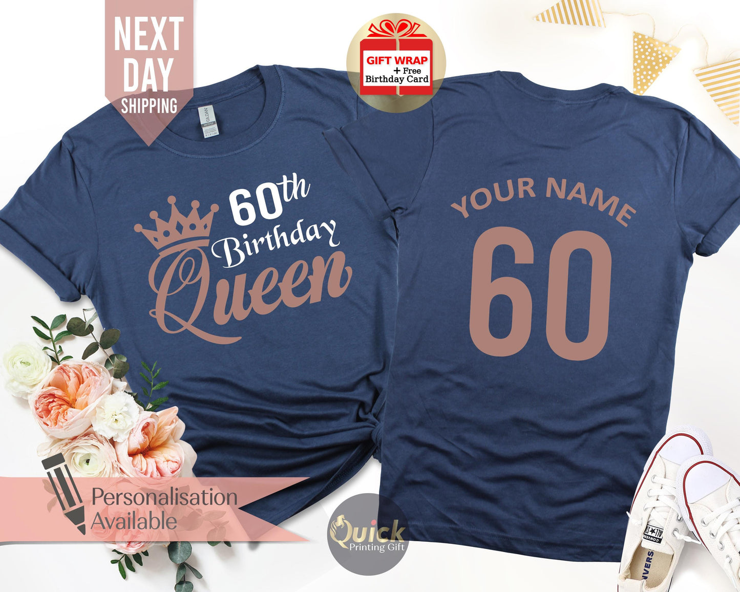 Personalised 60th Birthday Tshirt for Woman, Ladies Birthday Queen TShirts, 1965 Birthday Gifts for women, Vintage Birthday Gift Mum Grandma