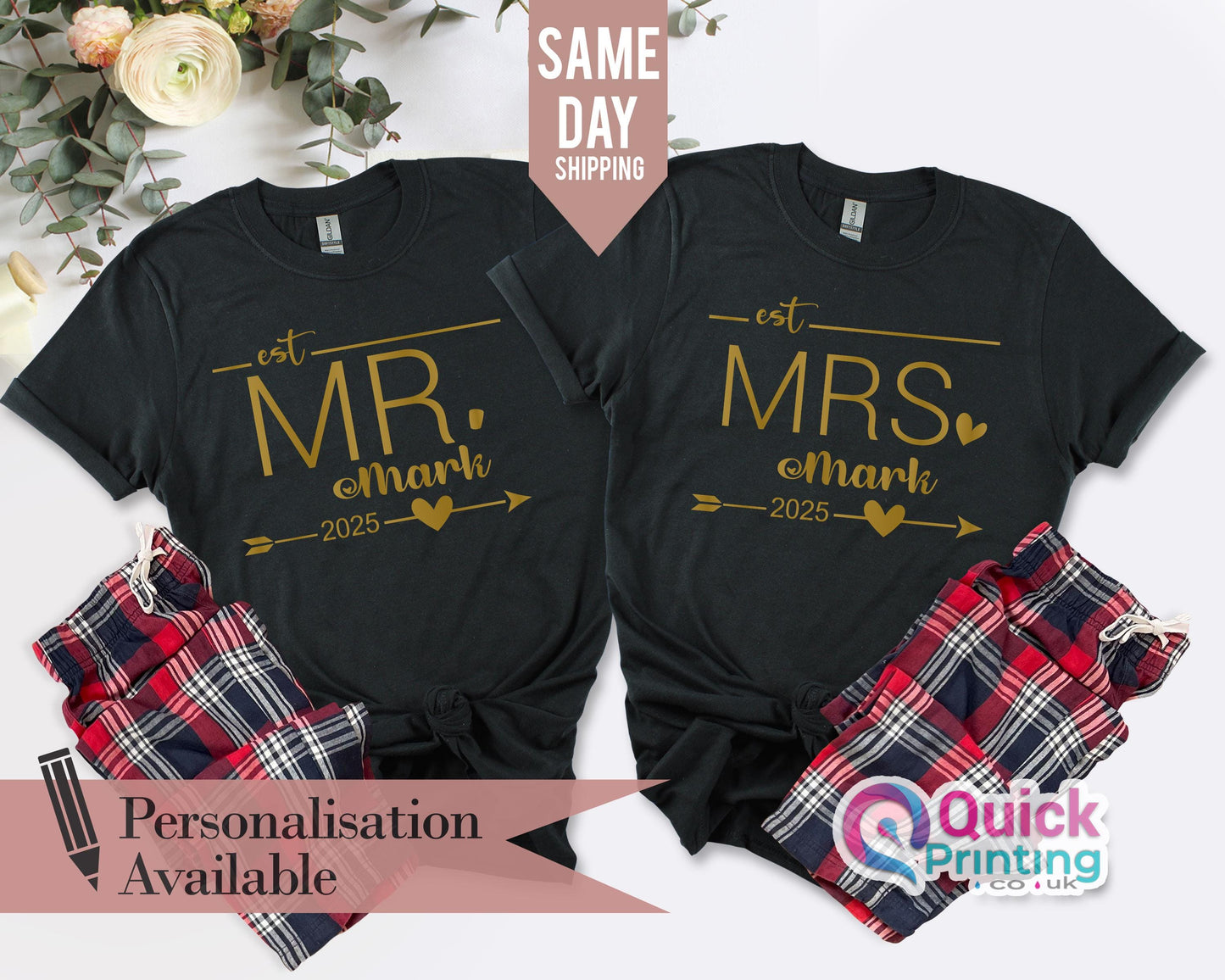 Personalised Mr Mrs Tshirt, Hubby Wifey Shirts, Bride Groom Tshirt, Newlywed Tshirt Gift, Honeymoon Couple Tshirt, Wedding Gift for her him