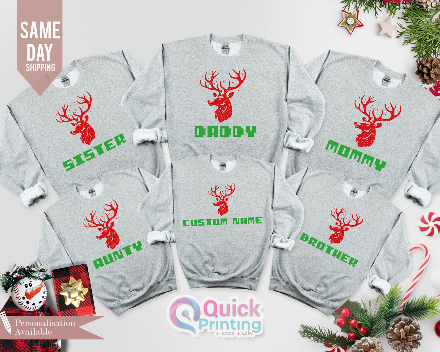 family Christmas Sweatshirt, Christmas Matching Family Jumpers, Personalised Family Sweaters, Reindeer Sweatshirt, Matching Sweatshirts 2024