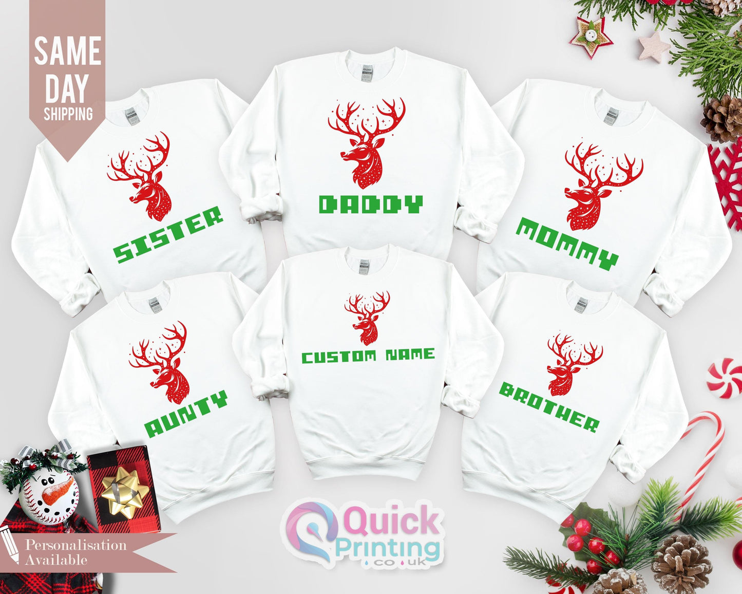 family Christmas Sweatshirt, Christmas Matching Family Jumpers, Personalised Family Sweaters, Reindeer Sweatshirt, Matching Sweatshirts 2024