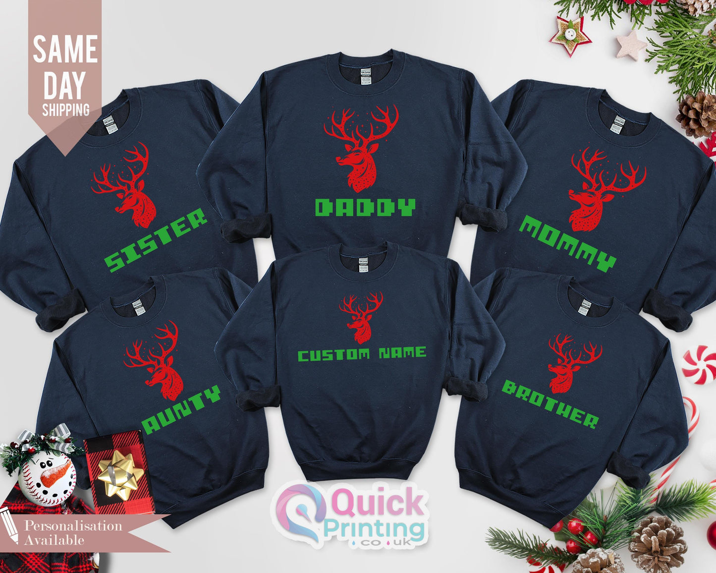 family Christmas Sweatshirt, Christmas Matching Family Jumpers, Personalised Family Sweaters, Reindeer Sweatshirt, Matching Sweatshirts 2024