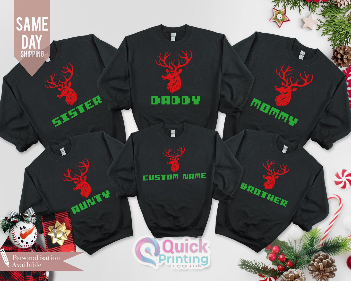 family Christmas Sweatshirt, Christmas Matching Family Jumpers, Personalised Family Sweaters, Reindeer Sweatshirt, Matching Sweatshirts 2024