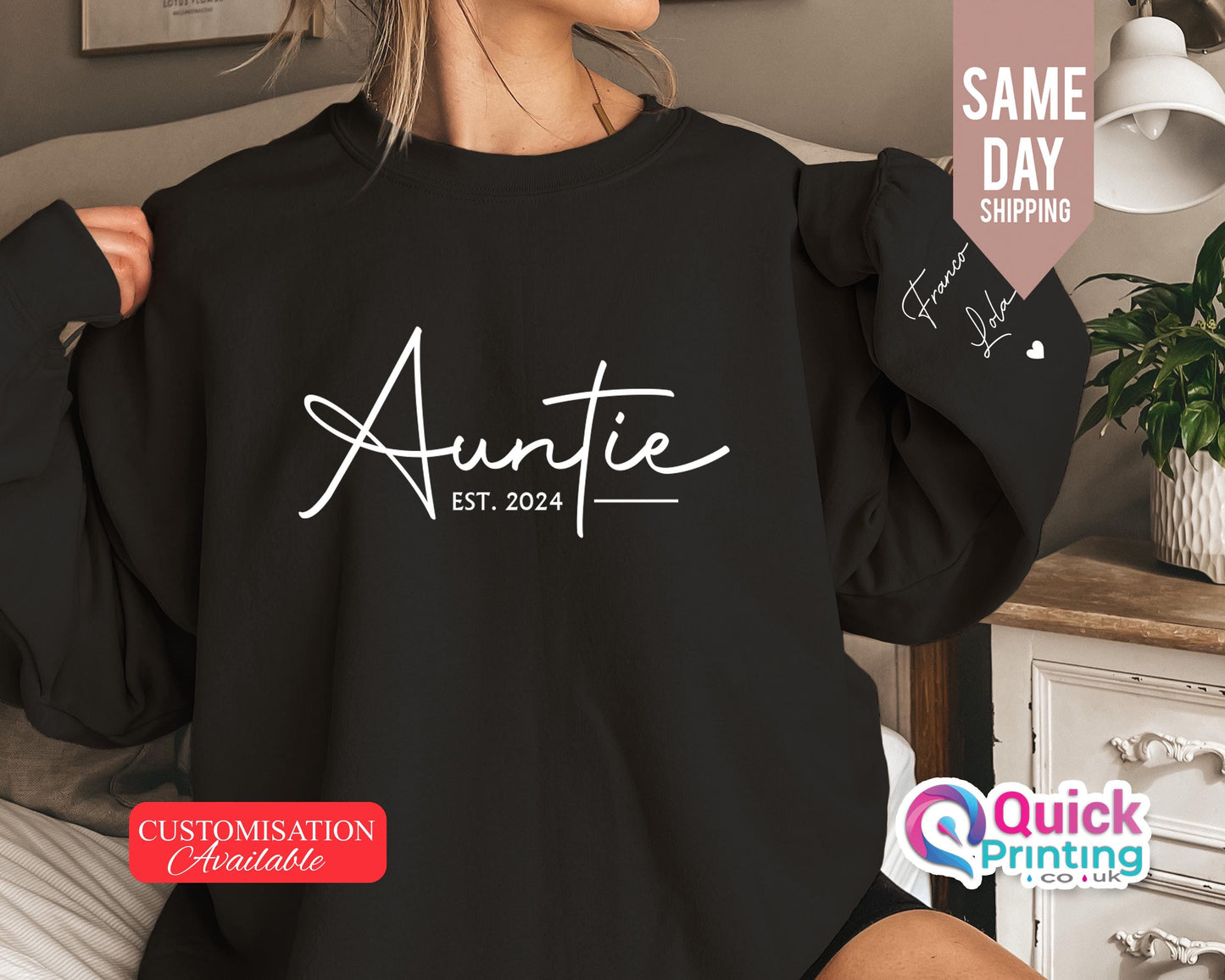 Custom Auntie Sweatshirt: Personalized Name Sleeve, Auntie Announcement Gift