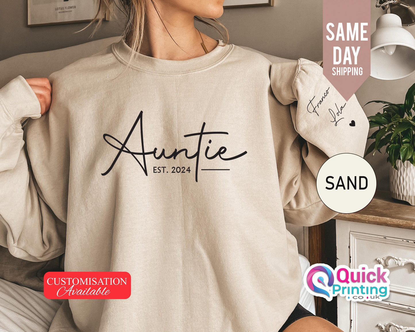 Custom Auntie Sweatshirt: Personalized Name Sleeve, Auntie Announcement Gift