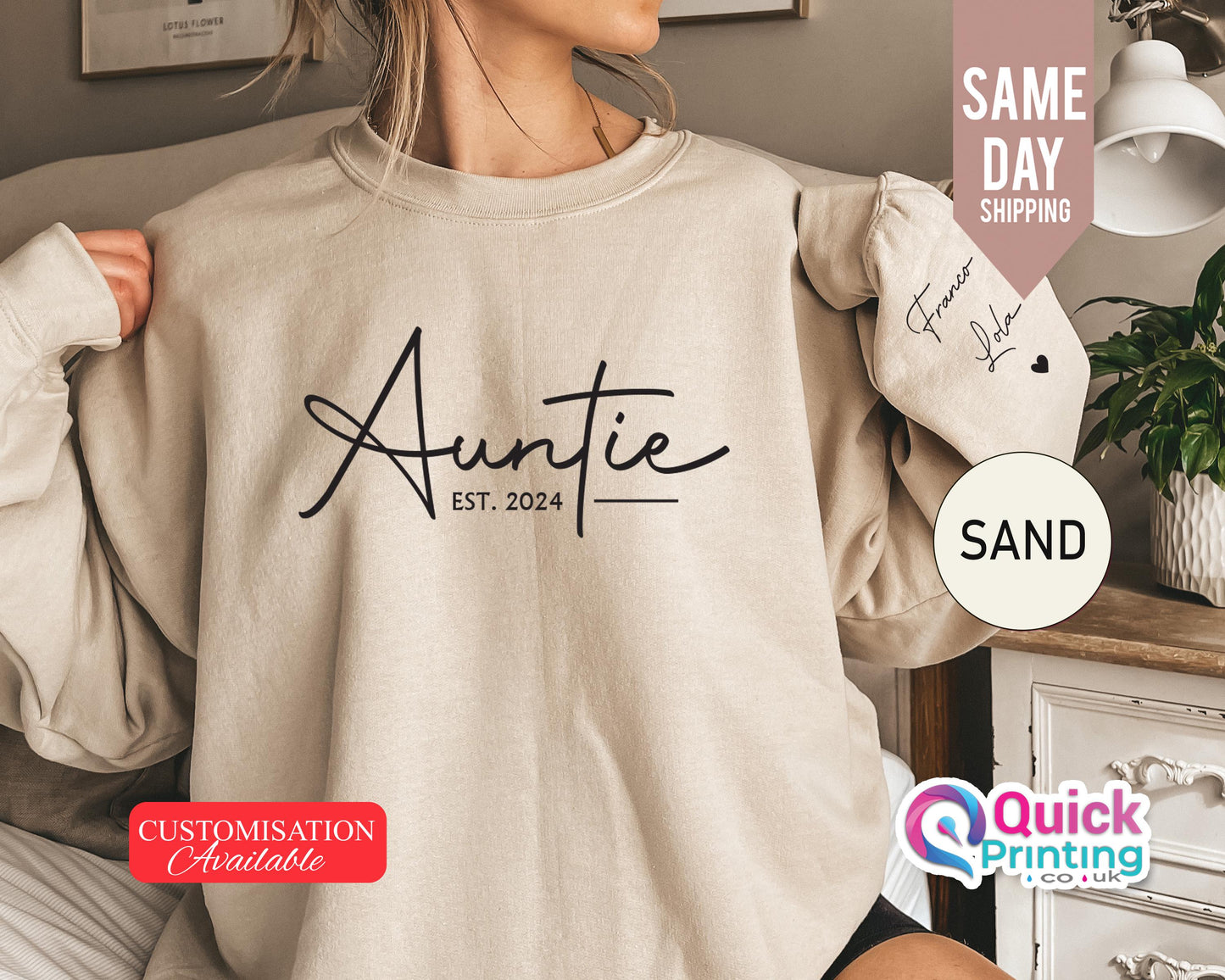 Custom Auntie Sweatshirt: Personalized Name Sleeve, Auntie Announcement Jumper