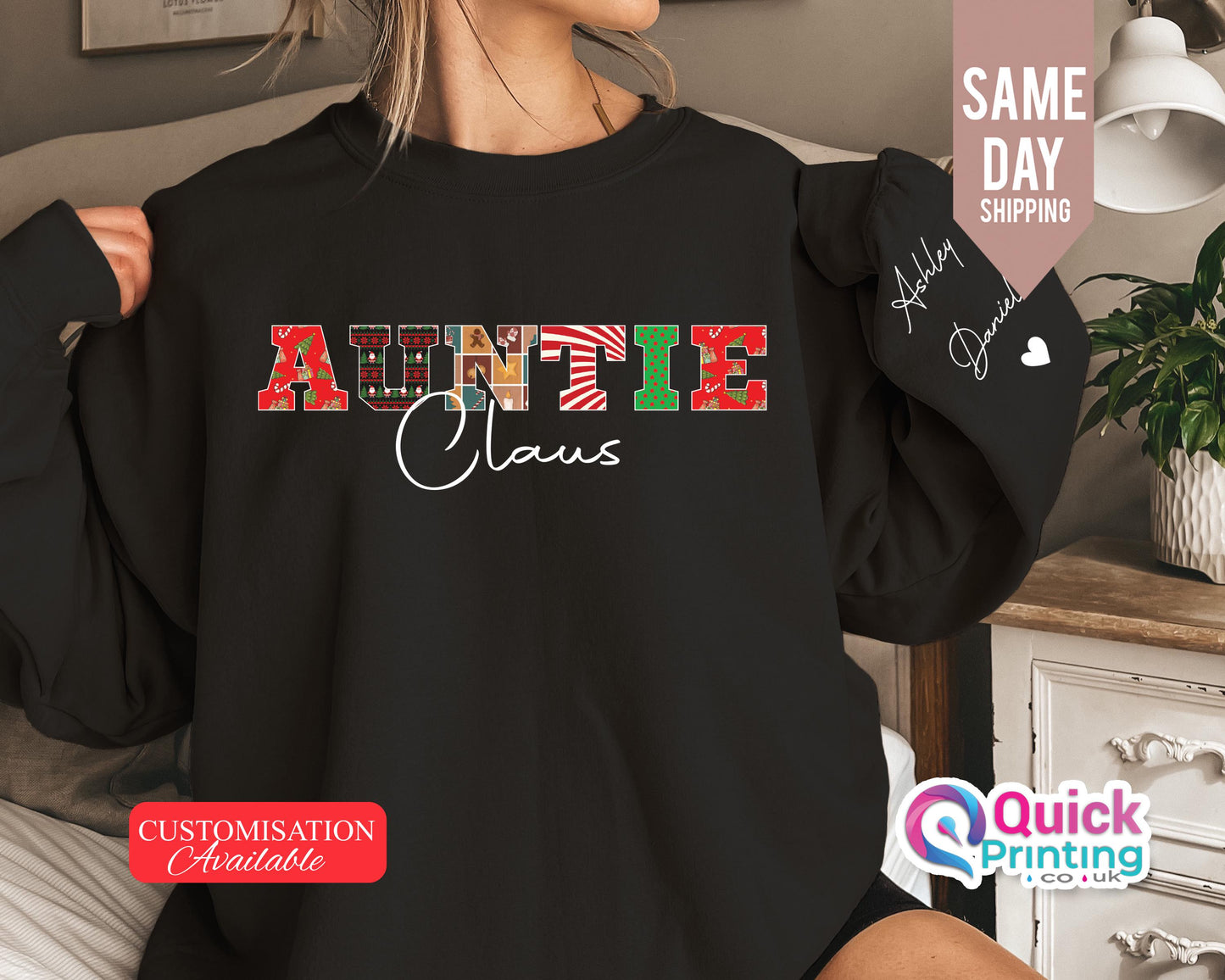 Auntie Claus Sweater, Custom Name on Sleeve Sweatshirt, Custom Auntie Claus Sweatshirt, Aunt Announcement, New Auntie, Auntie Christmas Gift