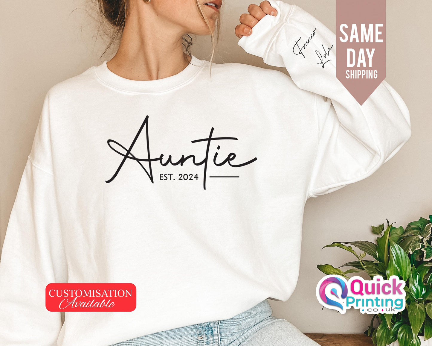 Custom Auntie Sweatshirt: Personalized Name Sleeve, Auntie Announcement Gift