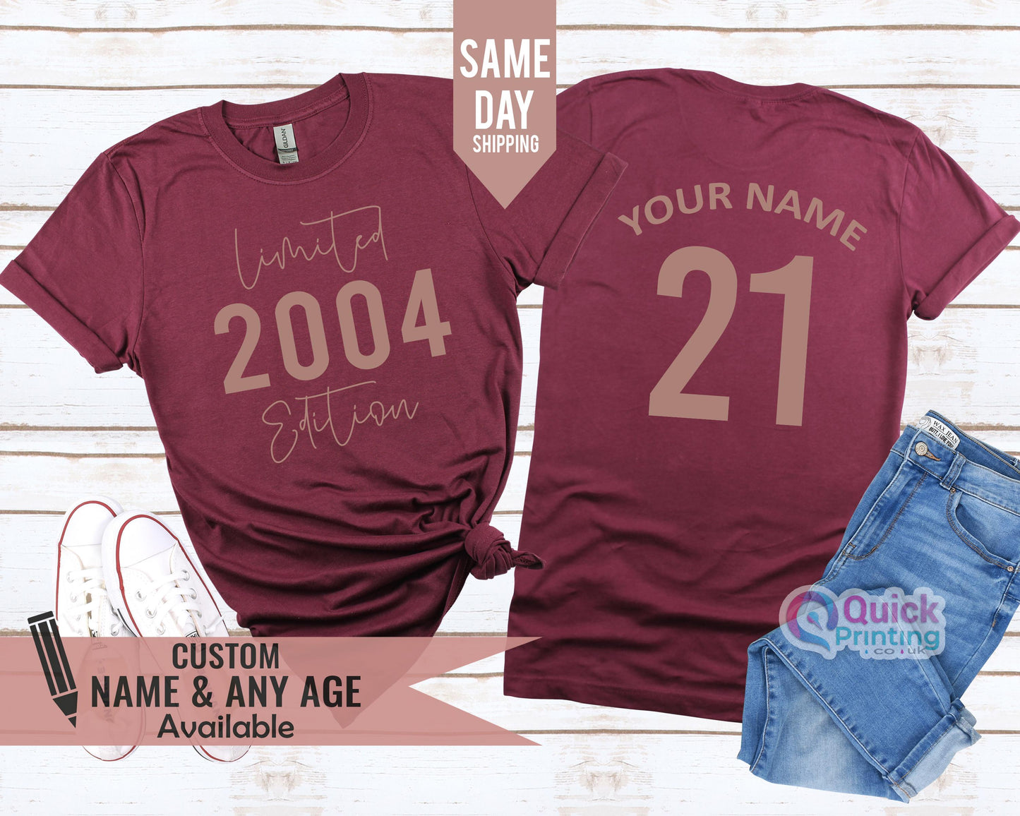 Personalized 21st Birthday T-Shirt: 2004 Edition, Rose Gold Print