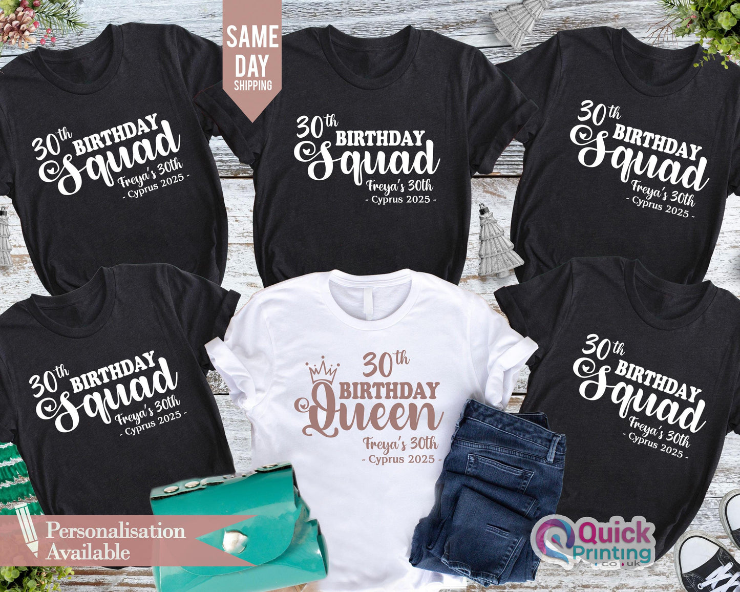 30th Birthday Queen, girls 30th birthday t-shirts 2025, Birthday Squad Personalised Matching T-Shirts, Party Tees, Birthday Trip Custom Tees