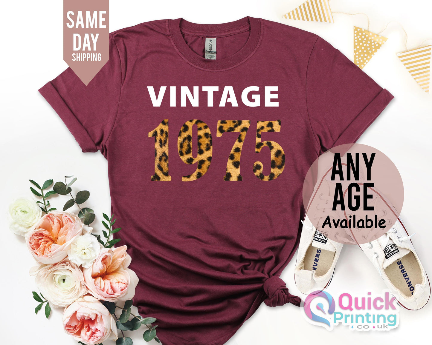 50th Birthday Leopard Print 1975 Vintage Birthday Tshirt Ladies Limited Edition 1975 Shirt Personalised Womens Mom Sister Aunt Wife Mum Top