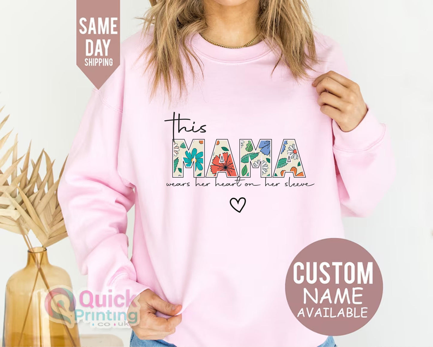 This Mama Wear Her Heart On her Sleeve sweatshirt, Custom Sweatshirt for Mama, I Wear My Heart On My Sleeve, Sweatshirt with Name on Sleeve