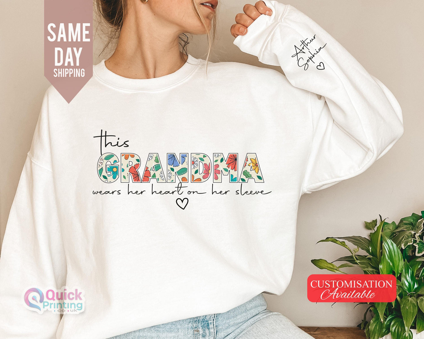 Grandma sweatshirt, Christmas Gift for Granny, Custom Sweatshirt for Grandma, I Wear My Heart On My Sleeve, Sweatshirt with Name on Sleeve