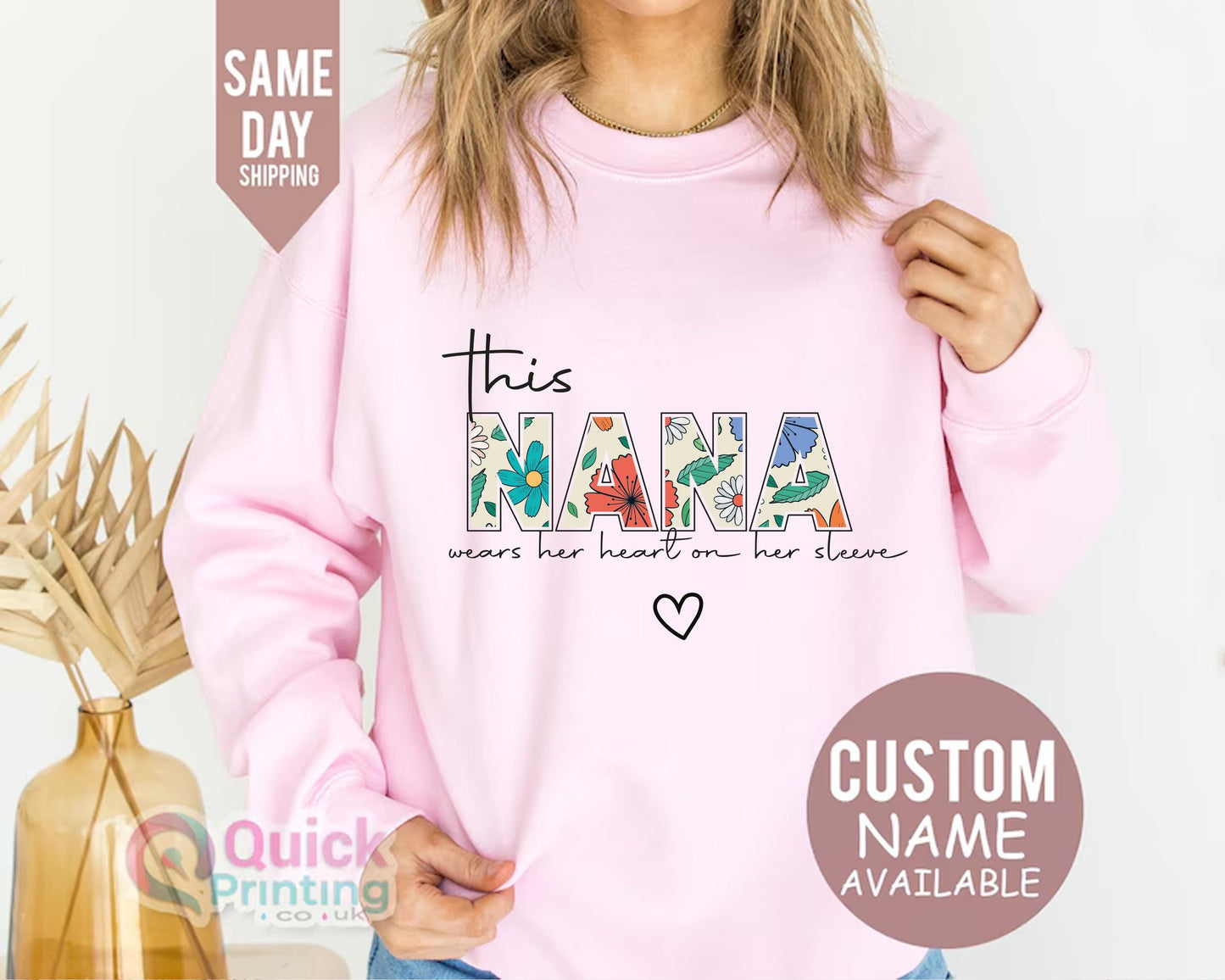 Nana sweatshirt 2026, Christmas Gift for Granny, Custom Sweatshirt for Nana, I Wear My Heart On My Sleeve, Sweatshirt with Name on Sleeve